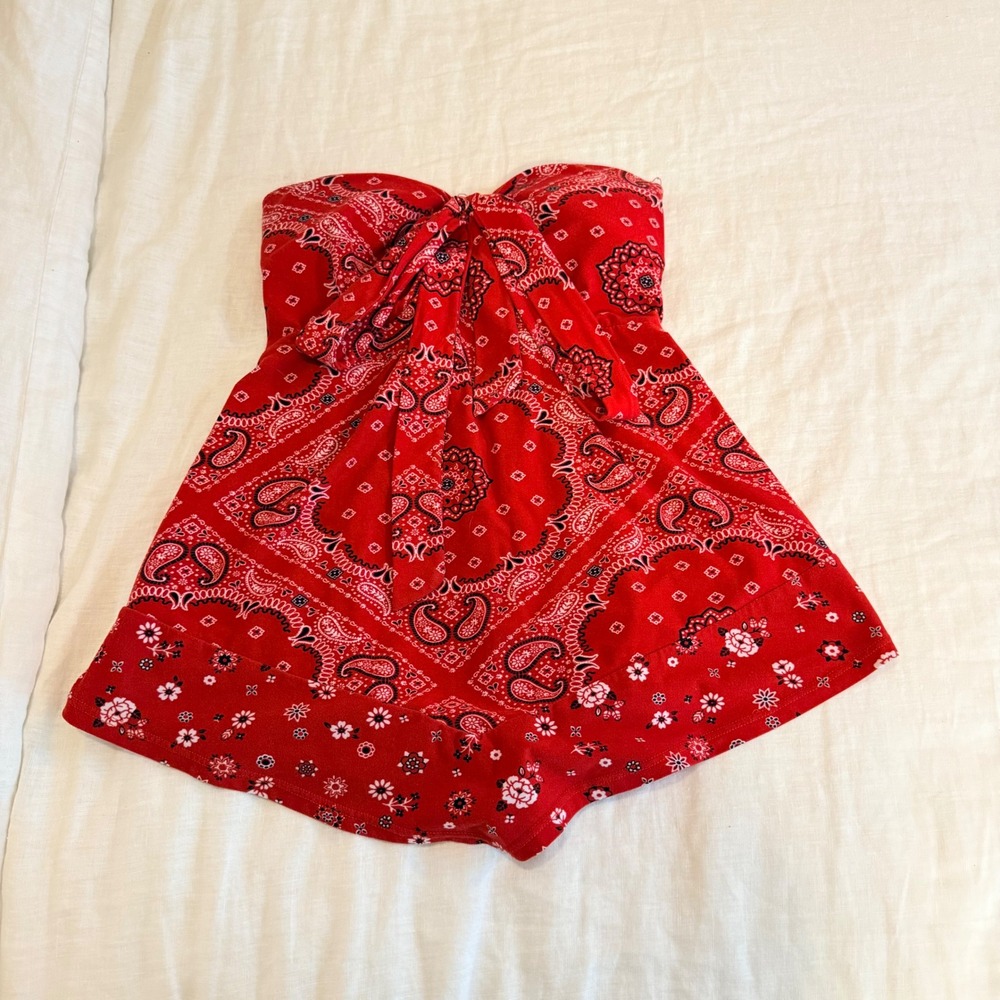 No Boundaries Red Bandana Y2K Paisley Strapless Tube Top Padded Smocked Small